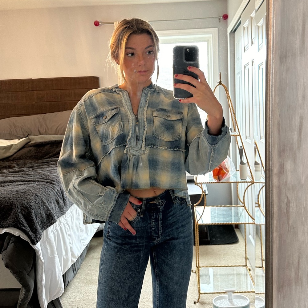 Free people denim quilted half zip